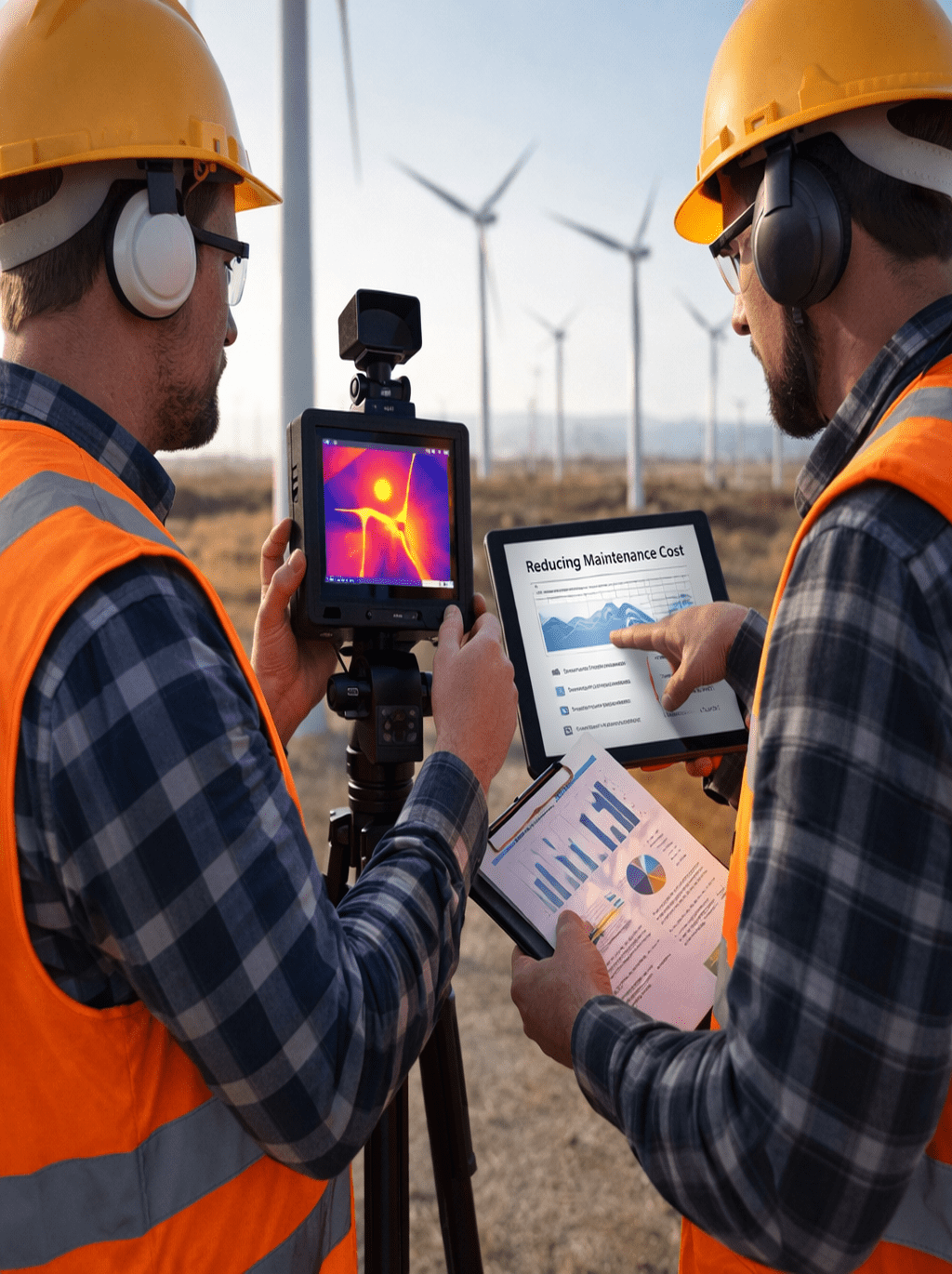 A certified Pinnacle Infrared technician using a thermal camera to inspect electrical connections within a wind turbine nacelle, ensuring safety and reliability.
