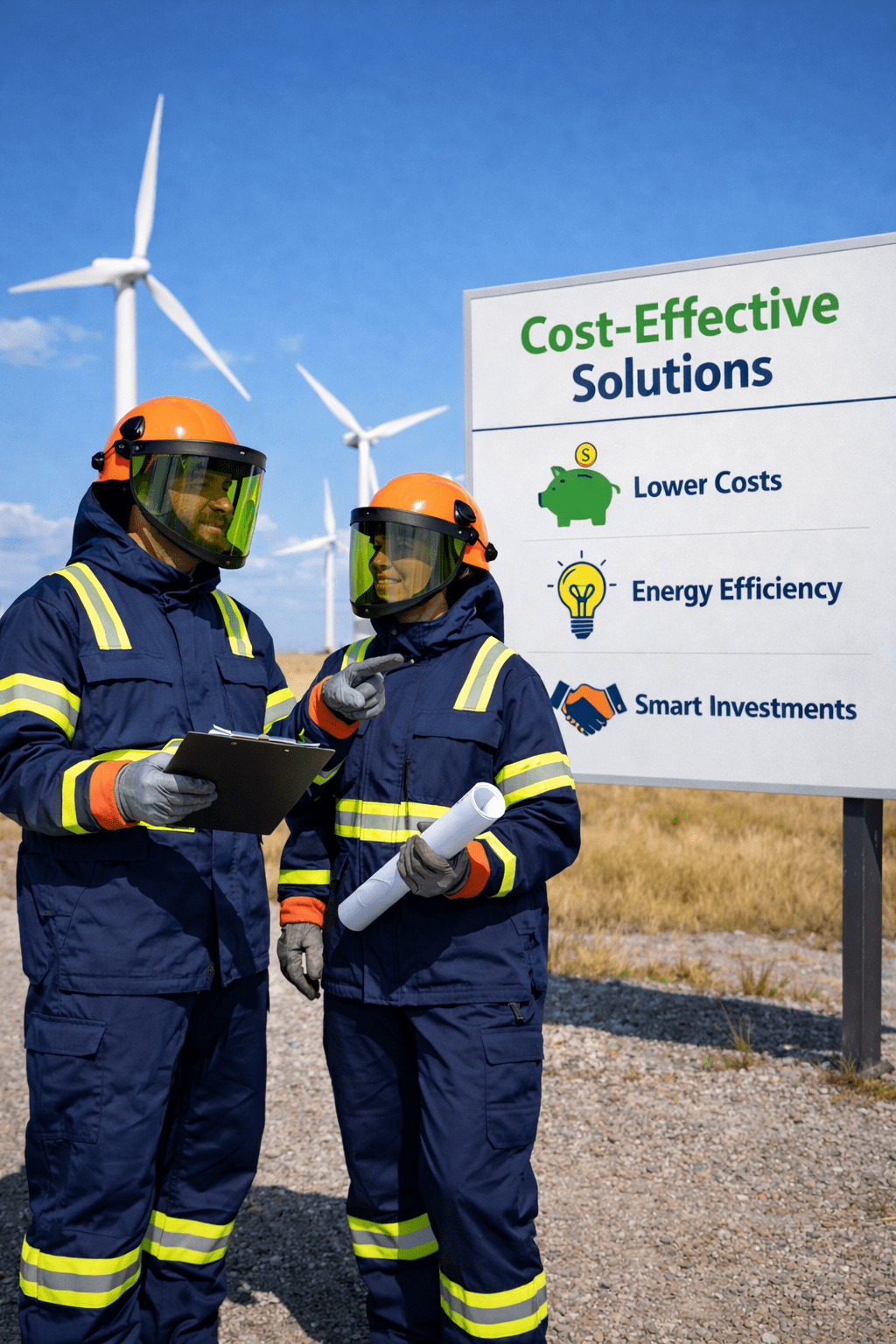 Pinnacle Infrared workers discussing renewable energy solutions.