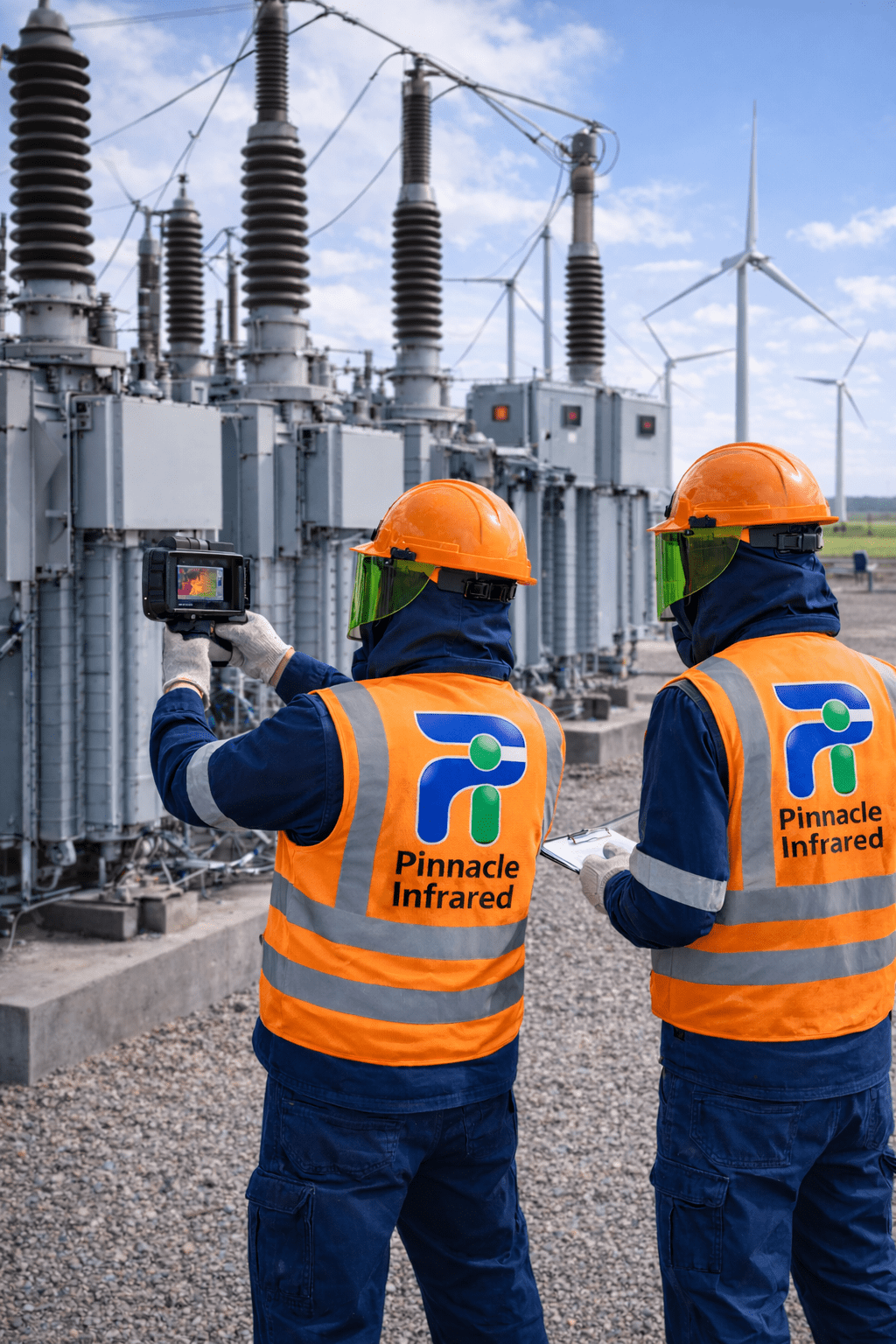 Technicians inspecting electrical substation equipment