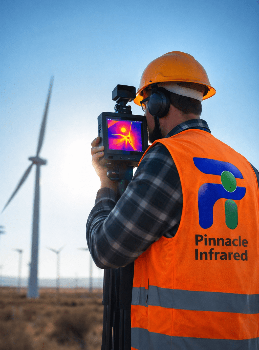 A certified Pinnacle Infrared technician using a thermal camera to inspect electrical connections within a wind turbine nacelle, ensuring safety and reliability.